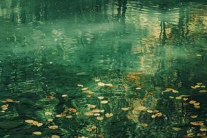 Green water surface of the lake is reflecting trees and leaves are floating on it photo