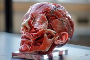 Anatomical model of human head showing facial muscles and brain photo