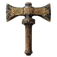 Ancient fantasy double headed axe with gold ornaments isolated on white background photo