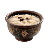 Steaming bowl of porridge with mushrooms on a white background photo