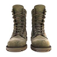 Pair of worn military boots isolated on white background photo