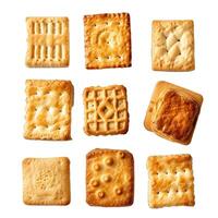 Nine square crackers with different patterns are lying on white background photo
