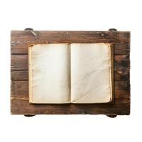 Old open book with blank pages on wooden desk photo