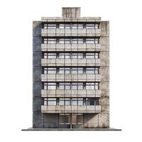 Old concrete apartment building with many windows standing on white background photo