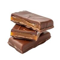 Stack of three chocolate bars with caramel filling isolated on white background photo