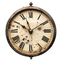 Old clock showing almost five o'clock on white background photo