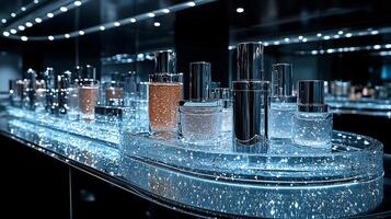 Futuristic monochrome Makeup display featuring sleek silver packaging glitterinfused lip glosses precision eyeliners metallic highlighters set a futuristic glass counter with spotlights photo