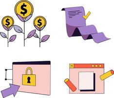 Four icons depicting money, a padlock, a padlock, and a padlock vector