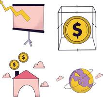 A set of icons depicting money, a house, and a globe vector