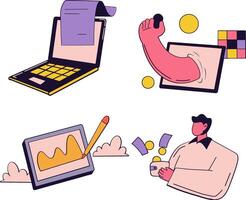 A set of icons Financial Work and a person working on a laptop Set Illustration vector