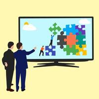 Two men in business suits are looking at a large tv screen with puzzle pieces on it vector