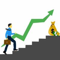 A man is climbing up stairs with a green arrow going up vector