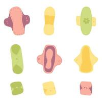 A set of women's fabric eco-friendly pads for the menstrual period in different shapes and colors. Zero Waste Concept vector