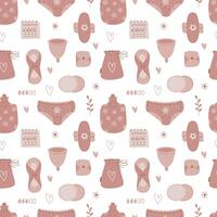 Eco-friendly pattern with reusable feminine hygiene products during menstruation. Cloth pad, bowl, heating pad, calendar of critical days vector
