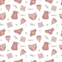 Pattern with feminine hygiene accessories during menstruation. Reusable pads, menstrual cup. Zero waste style concept vector