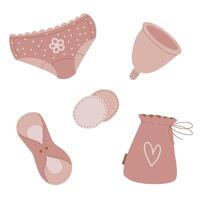 Reusable feminine hygiene products during menstruation. Menstrual cup, cloth pads. Hygiene without waste vector