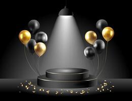 Luxury Dark background with black geometric platform podium Promotion display with Spotlight and balloons 3D design for product presentation, promo, showcase,sale banner template.Cylinder stage vector
