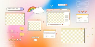 aesthetic retro computer browser 90s vaporwave style with smile daisy flower. Retrowave pc desktop with 404 error message boxes and popup user interface elements vector
