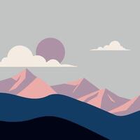A mountain range with a blue sky and a pink moon vector