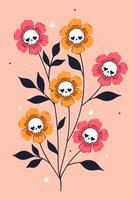 Postcard or poster with pink and yellow flowers with skulls. graphics. vector