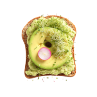 Avocado toast with mashed avocado spread on toasted sourdough bread topped with sliced radishes microgreens png