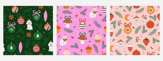 Set of seamless Christmas patterns with Christmas tree toys. graphics. vector