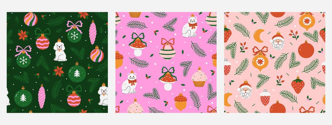 Set of seamless Christmas patterns with Christmas tree toys. graphics.