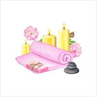 Spa composition with towel, candles, soap, stones, rose. Hand drawn watercolor illustration vector