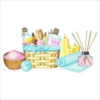 Spa cosmetics with basket, towel and diffuser, candles, mortar with salt, bath bomb. Hand drawn watercolor illustration vector