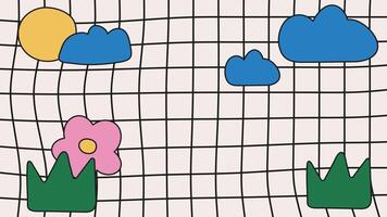 Y2K aesthetic background with linear grid and hand drawn cloud, sun and flowers. Minimalist trendy childish design vector