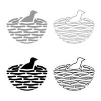 Bird's nest with bird set icon grey black color illustration image solid fill outline contour line thin flat style vector