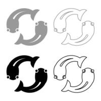 Fish goby two moves in circle set icon grey black color illustration image solid fill outline contour line thin flat style vector