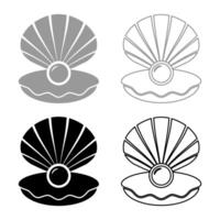 Pearl in seashell shell with pearlized inside open set icon grey black color illustration image solid fill outline contour line thin flat style vector