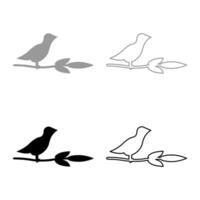 Bird on branch with leaves silhouette spring concept set icon grey black color illustration image solid fill outline contour line thin flat style vector
