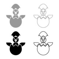 Chicks hatch from the egg baby bird cracked eggshell set icon grey black color illustration image solid fill outline contour line thin flat style vector