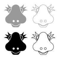 Head of cute female dinosaur baby character set icon grey black color illustration image solid fill outline contour line thin flat style vector