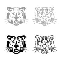 Tiger head set icon grey black color illustration image solid fill outline contour line thin flat style vector