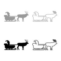 Santa Claus in a reindeer wagon chariot with sled set icon grey black color illustration image solid fill outline contour line thin flat style vector