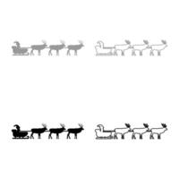 Santa Claus in a reindeer wagon chariot with sled set icon grey black color illustration image solid fill outline contour line thin flat style vector