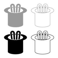 Hare ears in wizard's hat wizard conjure cylinder bunny rabbit appearing trick concept set icon grey black color illustration image solid fill outline contour line thin flat style vector