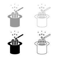 Hare ears in wizard's hat magic wand wizard conjure cylinder bunny rabbit appearing trick concept set icon grey black color illustration image solid fill outline contour line thin flat style vector