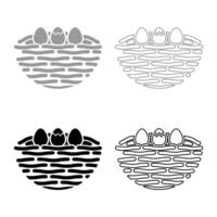 Bird's nest bird with egg set icon grey black color illustration image solid fill outline contour line thin flat style vector