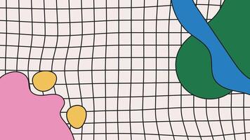 Abstract y2k childish background with distorted line grid and colorful hand drawn shapes and blobs vector