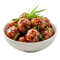 Delicious meatballs in a bowl topped with sesame seeds and chives isolated on transparent background png