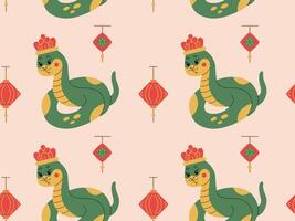 Seamless pattern featuring snakes in crowns and traditional Chinese lanterns, symbolizing 2025 Chinese New Year. Flat style illustration perfect for festive backgrounds, fabrics, and seasonal designs. vector