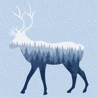 The Silhouette of a Deer against the Background of Snowfall. Forest Exposition in Silhouette vector