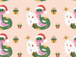 Festive seamless pattern featuring a cheerful snake in a Santa hat holding a decorated Christmas tree, along with colorful gift boxes. Perfect for holiday wrapping paper, backgrounds. vector