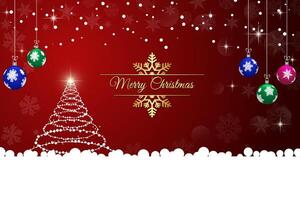 Festive Merry Christmas Greeting with Golden Snowflake and Baubles on Red Background vector