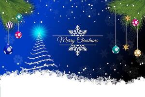 Merry Christmas greeting with glowing tree and hanging ornaments on a dark blue snowy background vector