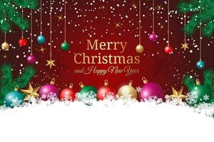 Merry Christmas and Happy New Year Card with Colorful Ornaments and Pine Branches on Red Background vector